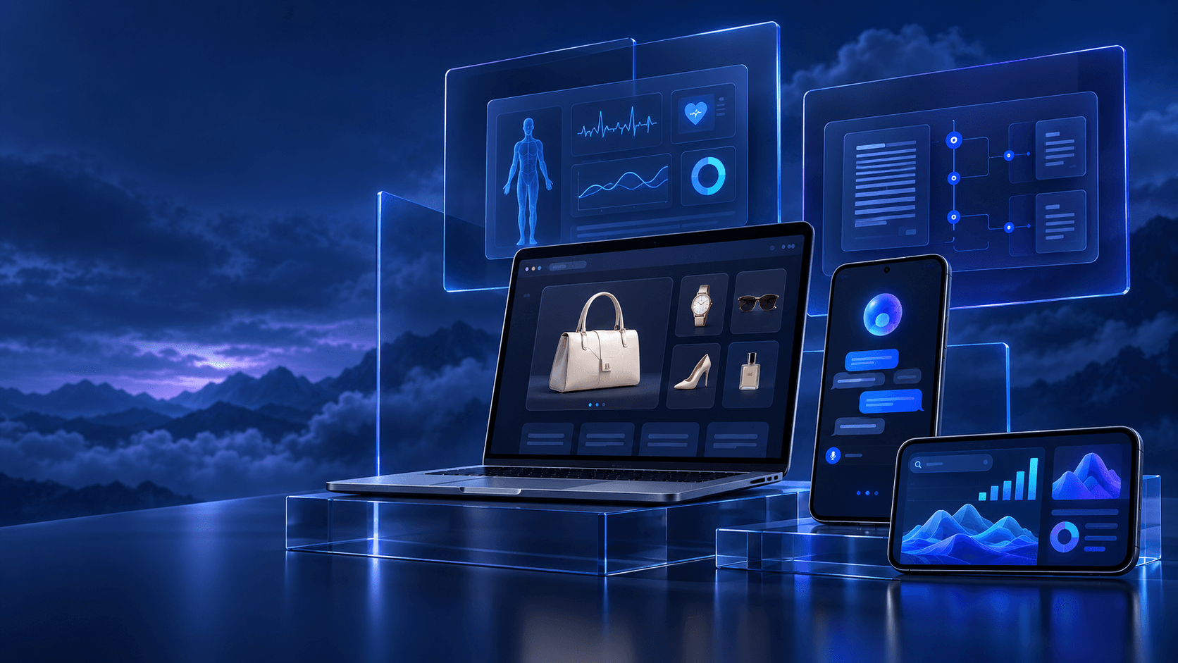 A showcase of products SkyHunter has shipped — storefront, telehealth, and analytics apps across laptop and phone