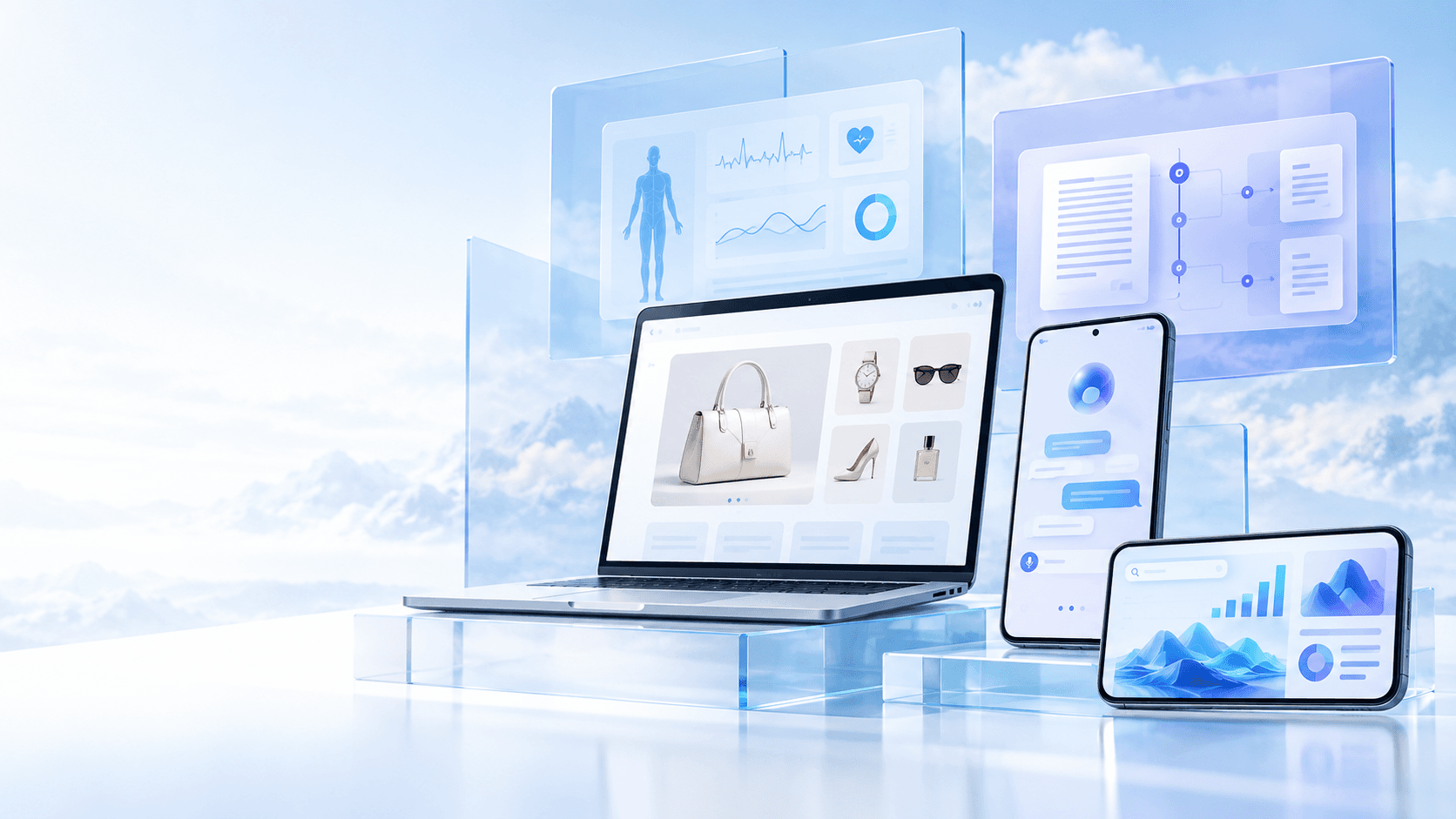 A showcase of products SkyHunter has shipped — storefront, telehealth, and analytics apps across laptop and phone